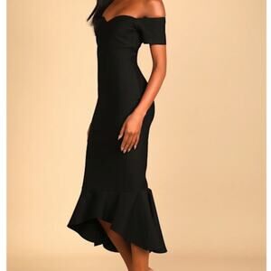 Lulus NWOT How Much I Care Black Off-the-Shoulder Sweetheart Midi Dress Small